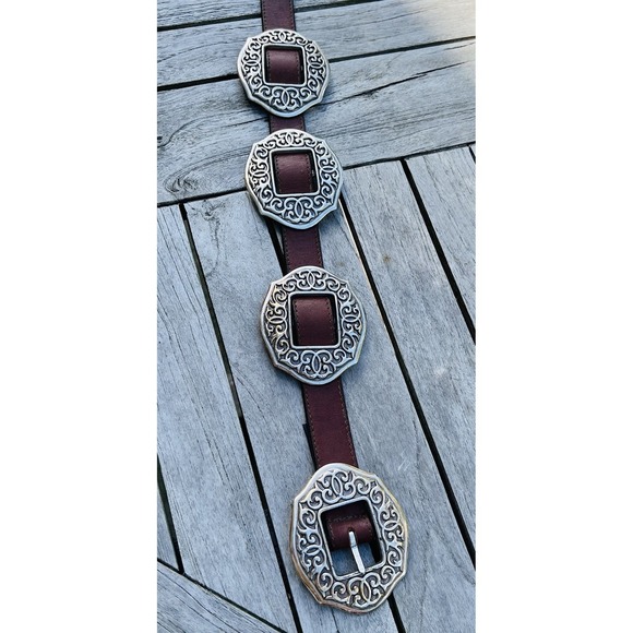 Vtg 90's Brighton Oval Sunflower Concho Belt S Brown Leather Floral Boho Cowgirl - Picture 5 of 15